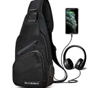 INNOSCENT Smell Proof Sling Bag Backpack - COMBINATION LOCK - Shoulder Crossbody Bag With USB/Headphone Charging Port Black (Black)