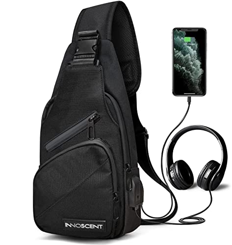 INNOSCENT Smell Proof Sling Bag Backpack - COMBINATION LOCK - Shoulder Crossbody Bag With USB/Headphone Charging Port Black (Black)