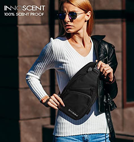 INNOSCENT Smell Proof Sling Bag Backpack - COMBINATION LOCK - Shoulder Crossbody Bag With USB/Headphone Charging Port Black (Black)