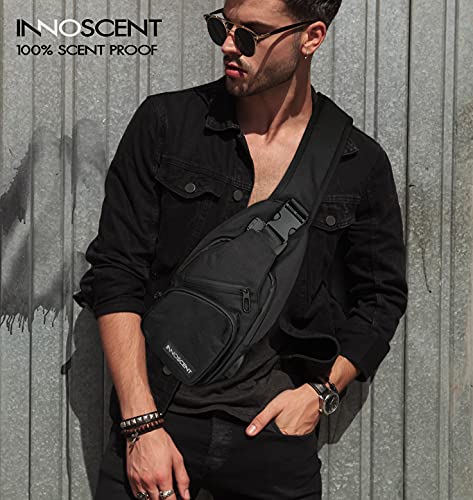 INNOSCENT Smell Proof Sling Bag Backpack - COMBINATION LOCK - Shoulder Crossbody Bag With USB/Headphone Charging Port Black (Black)