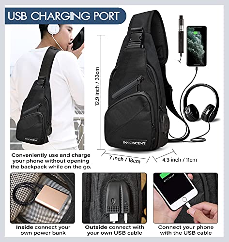 INNOSCENT Smell Proof Sling Bag Backpack - COMBINATION LOCK - Shoulder Crossbody Bag With USB/Headphone Charging Port Black (Black)