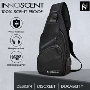 INNOSCENT Smell Proof Sling Bag Backpack - COMBINATION LOCK - Shoulder Crossbody Bag With USB/Headphone Charging Port Black (Black)