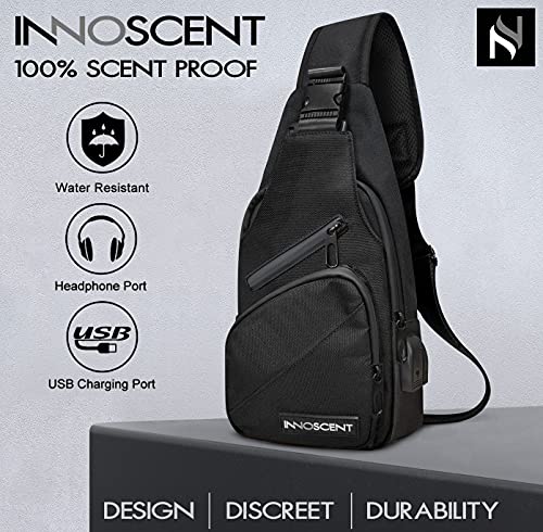 INNOSCENT Smell Proof Sling Bag Backpack - COMBINATION LOCK - Shoulder Crossbody Bag With USB/Headphone Charging Port Black (Black)