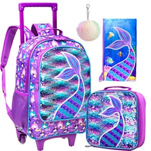 agsdon 3pcs rolling backpack for girls, kids roller wheels bookbag, wheeled school bag with lunch bag - mermaid