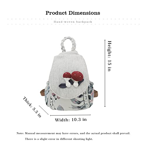 HUANGGUOSHU Women Cotton Woven Hippie Hemp Boho Canvas Embroidery Multi Pocket Retro Cute Backpack Wallet Backpack（Mushroom）