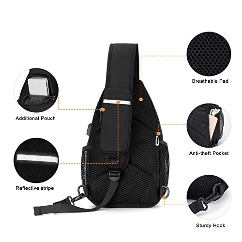 MOSISO Sling Backpack Bag, Crossbody Shoulder Bag Travel Hiking Daypack Chest Bag with Front Square Pocket&USB Charging Port, Black