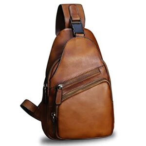 lrto genuine leather sling bag crossbody purse handmade hiking daypack motorcycle bag retro shoulder backpack vintage chest bag (brown)