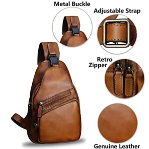 LRTO Genuine Leather Sling Bag Crossbody Purse Handmade Hiking Daypack Motorcycle Bag Retro Shoulder Backpack Vintage Chest Bag (Brown)