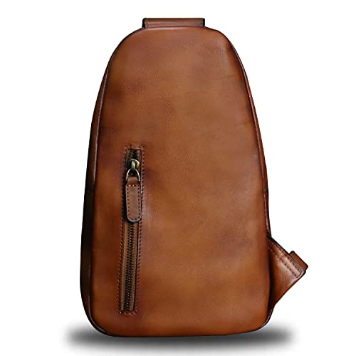 LRTO Genuine Leather Sling Bag Crossbody Purse Handmade Hiking Daypack Motorcycle Bag Retro Shoulder Backpack Vintage Chest Bag (Brown)