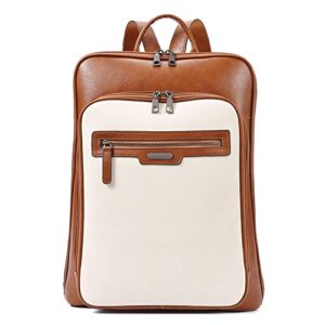 cluci leather laptop backpack for women 15.6 inch computer backpack travel large business work daypack off-white with brown