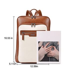 CLUCI Leather Laptop Backpack for Women 15.6 inch Computer Backpack Travel Large Business Work Daypack Off-white with Brown