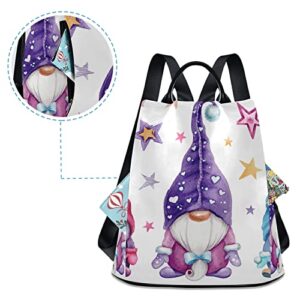 OTVEE Magic Gnomes with Stars Backpack Purse for Women, Gnomes Anti-Theft Casual Daypack Fashion Ladies Backpack Shoulder Bag Travel Backpack with Keychain