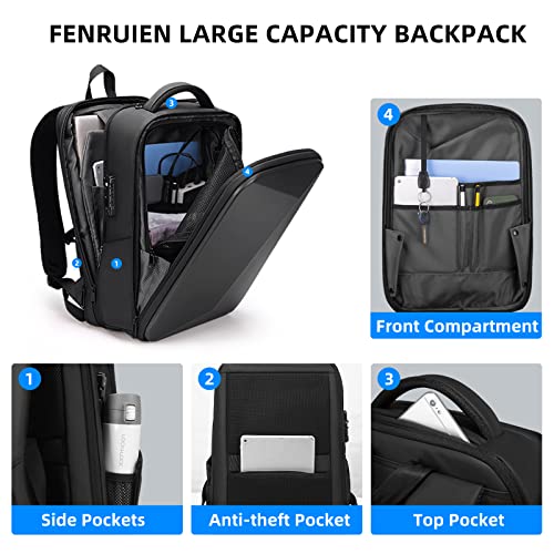 FENRUIEN Anti Theft Laptop Backpack for Men, Expandable Water Resistant Hardshell Backpack with USB Port, Black Business Travel Computer Bag 15.6 Inch