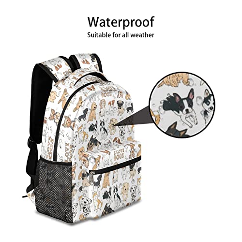 Dog Print Animal Backpack School Bookbag for Kids Boys Girl, Cute Doodle Puppy Backpacks Book Tablet Laptop Bag Travel Hiking Camping Daypack