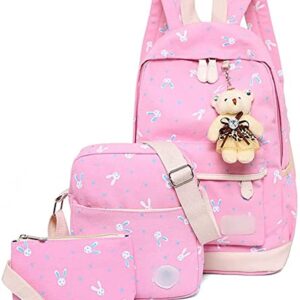 3Pcs Rabbit-Print Girls Canvas School Backpack for Elementary Middle Kids Bookbag with Pencil Case