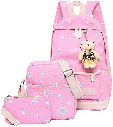 3Pcs Rabbit-Print Girls Canvas School Backpack for Elementary Middle Kids Bookbag with Pencil Case