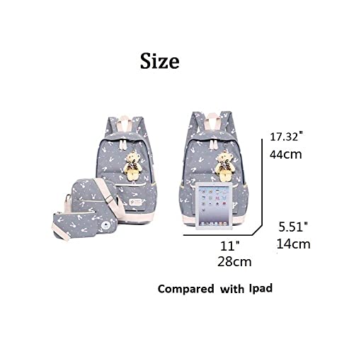 3Pcs Rabbit-Print Girls Canvas School Backpack for Elementary Middle Kids Bookbag with Pencil Case