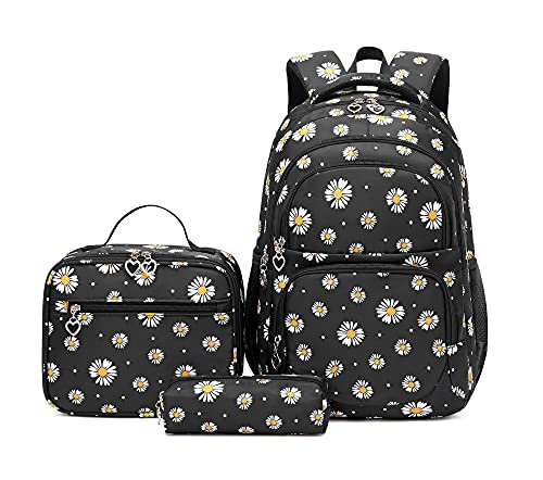 ZHANAO Daisy-Print School Backpack Set with Lunch Kits Bookbag for Teenager Girls 3pcs Gradient SchoolBag for Primary Student