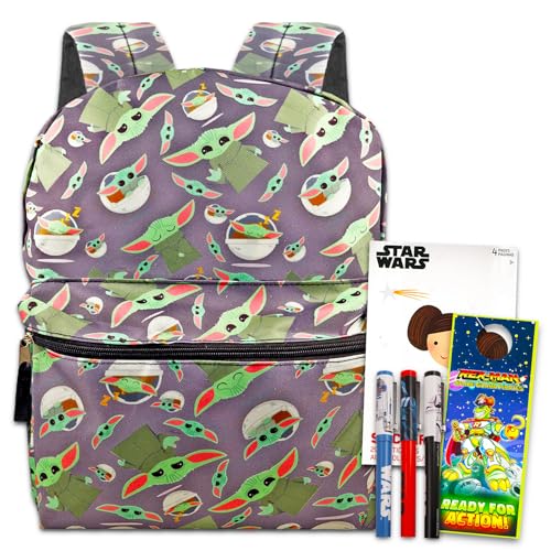 Disney Bundle Mandalorian Baby Yoda Backpack for Kids, Adults - Bundle with 16 Inch Baby Yoda Backpack Plus Baby Yoda Pens, Star Wars Stickers, and More (Boys and Girls Backpack), kids backpack boys