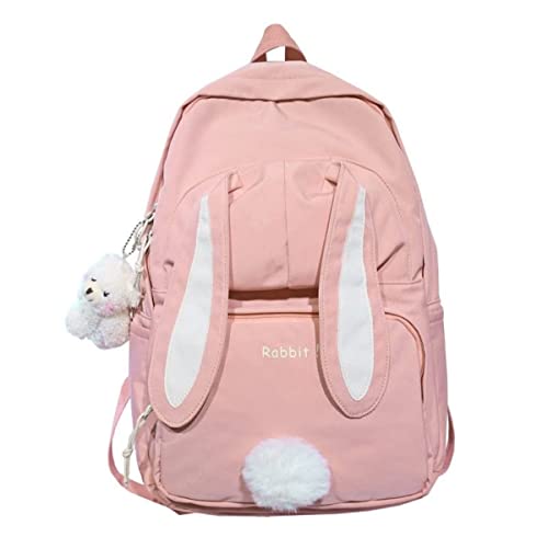 SUFUZEGA Kawaii Bunny Ear Backpack with Cute Bear Pendant for Girl Student Teen School Bag Book Bag Travel Backpack (Large, A-Pink)