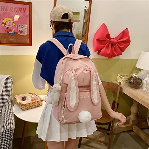 SUFUZEGA Kawaii Bunny Ear Backpack with Cute Bear Pendant for Girl Student Teen School Bag Book Bag Travel Backpack (Large, A-Pink)