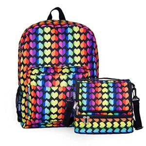 wildkin 16 inch backpack bundle with 2 compartment lunch bag (rainbow hearts)
