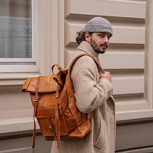 BERLINER BAGS Vintage Leather Backpack Leeds, Large Waterproof Bookbag for Men and Women - Brown (Brown XL)