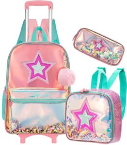 meetbelify girls rolling backpacks wheels roller backpack laptop travel luggage with lunch box for elementary girls students