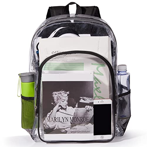 ZJIE Clear Backpack Heavy Duty Transparent Backpack See Through Backpacks Clear PVC Bookbags for School, Work, Travel, Security, Stadium, Black