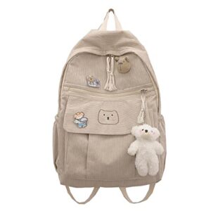 yuesuo large kawaii corduroy backpack with cute bear pendant vintage bag for girl student school bag bookbag satchel laptop (beige,medium)