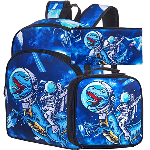 KLFVB 3PCS Dinosaur Backpack for Boys, 16" Kids Bookbag and Lunch Box, Preschool Backpacks for Elementary Students