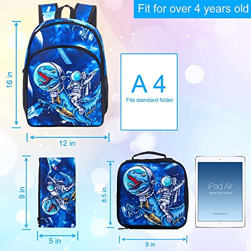 KLFVB 3PCS Dinosaur Backpack for Boys, 16" Kids Bookbag and Lunch Box, Preschool Backpacks for Elementary Students