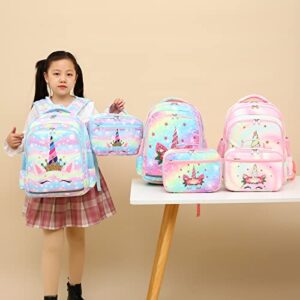 Unicorn Backpack for Girls with Lunch Tote Preschool Kindergarten Elementary Book Bag Set With Chest Strap(Light Blue Unicorn)