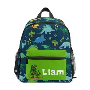 mchiver custom green dinosaur kids toddler backpack personalized school bag with chest strap for boys girls preschool kindergarten nursery children bag