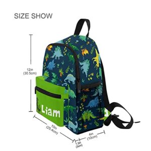 MCHIVER Custom Green Dinosaur Kids Toddler Backpack Personalized School Bag with Chest Strap for Boys Girls Preschool Kindergarten Nursery Children Bag