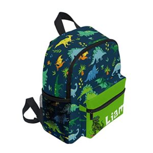 MCHIVER Custom Green Dinosaur Kids Toddler Backpack Personalized School Bag with Chest Strap for Boys Girls Preschool Kindergarten Nursery Children Bag