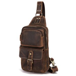 le'aokuu outdoor casual travel hiking tea crossbody chest sling bag rig one shoulder strap bag backpack for men male real leather 1315 (a brown)