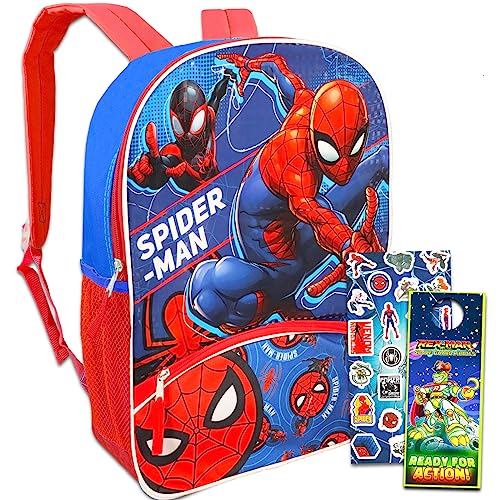 Marvel Spiderman Backpack for Kids - Bundle with 16" Spiderman Backpack Plus Spiderman Stickers for Boys and Girls (Spiderman School Supplies)