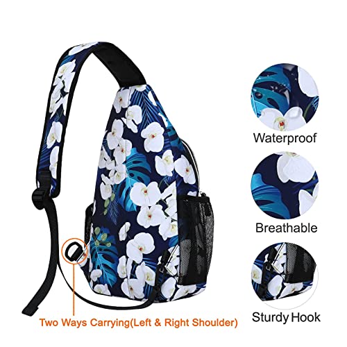 MOSISO Sling Backpack, Multipurpose Travel Hiking Daypack Rope Crossbody Shoulder Bag, Phalaenopsis