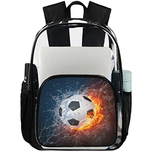 Sport Football Clear Backpack, Fire and Water Soccer Heavy Duty PVC Transparent Backpack See Through Waterproof Backpacks Large Bookbag with Adjustable Shoulder Straps for Work Travel School College