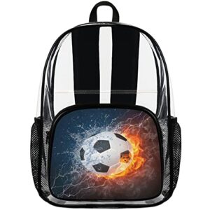 Sport Football Clear Backpack, Fire and Water Soccer Heavy Duty PVC Transparent Backpack See Through Waterproof Backpacks Large Bookbag with Adjustable Shoulder Straps for Work Travel School College