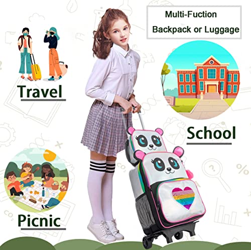 Meetbelify Rolling Backpack for Girls Backpacks with Wheels for Elementary Preschool Students Kids Trip Luggage with Lunch Box for Girls