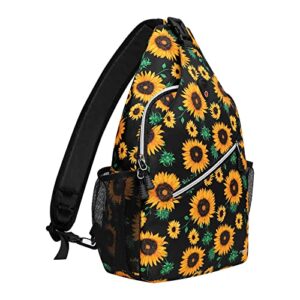 mosiso rope sling backpack (up to 13 inch), multipurpose sunflower crossbody chest shoulder bag travel hiking daypack, black