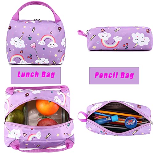 Dafelile Backpack Unicorn for Girls School Preschool Backpack for Girls School Bookpack Set with Lunch Bag Pencil Bag(Purple)