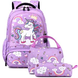 dafelile backpack unicorn for girls school preschool backpack for girls school bookpack set with lunch bag pencil bag(purple)