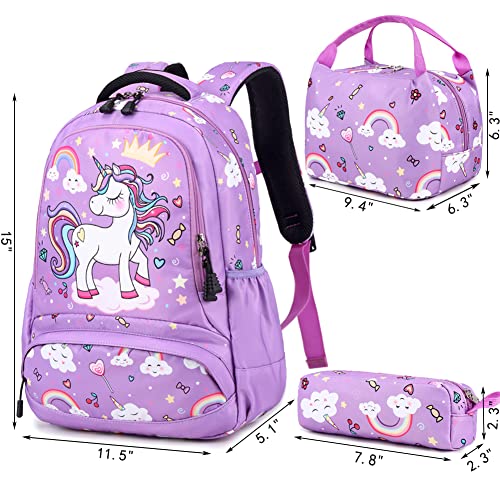 Dafelile Backpack Unicorn for Girls School Preschool Backpack for Girls School Bookpack Set with Lunch Bag Pencil Bag(Purple)