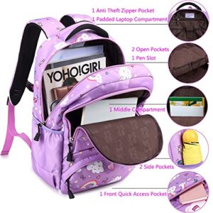 Dafelile Backpack Unicorn for Girls School Preschool Backpack for Girls School Bookpack Set with Lunch Bag Pencil Bag(Purple)