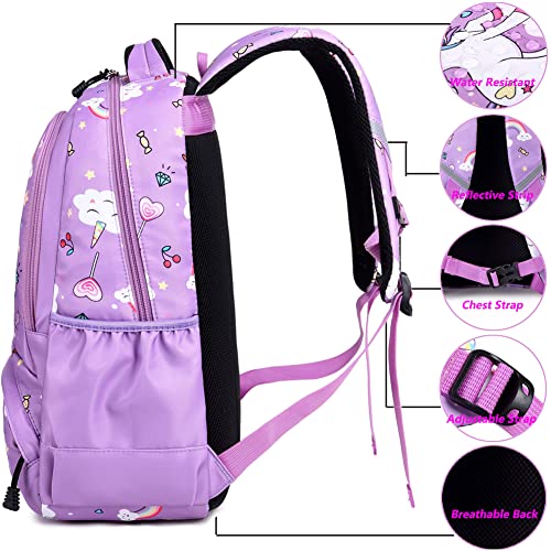 Dafelile Backpack Unicorn for Girls School Preschool Backpack for Girls School Bookpack Set with Lunch Bag Pencil Bag(Purple)