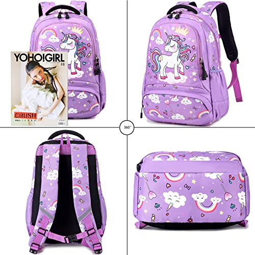 Dafelile Backpack Unicorn for Girls School Preschool Backpack for Girls School Bookpack Set with Lunch Bag Pencil Bag(Purple)