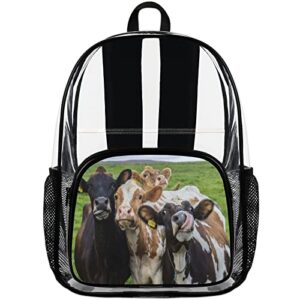 Funny Cows Clear Backpack, Cute Animal Heavy Duty Transparent Backpack Waterproof Bookbag with Adjustable Shoulder Straps for Work Travel School Stadium Security Travel